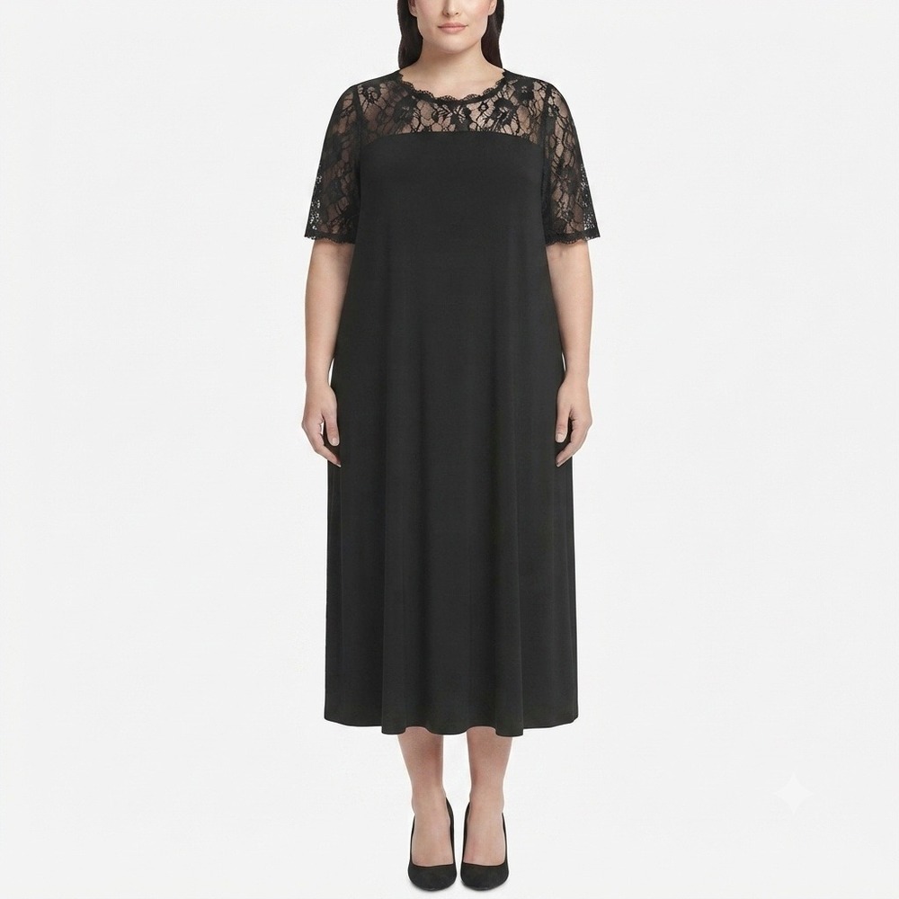 Roamans Dress Womans 1X 22 24 Black Lace Yoke Midi Dress Short Sleeve A-Line